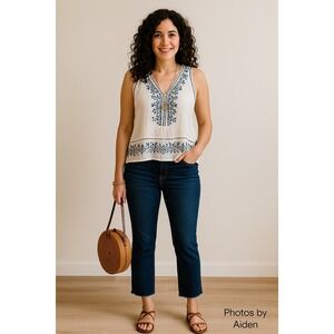 Loft Curvy Straight‎ Jeans Size 12/31 Petite Dark Blue Stretch Cropped Raw Hem